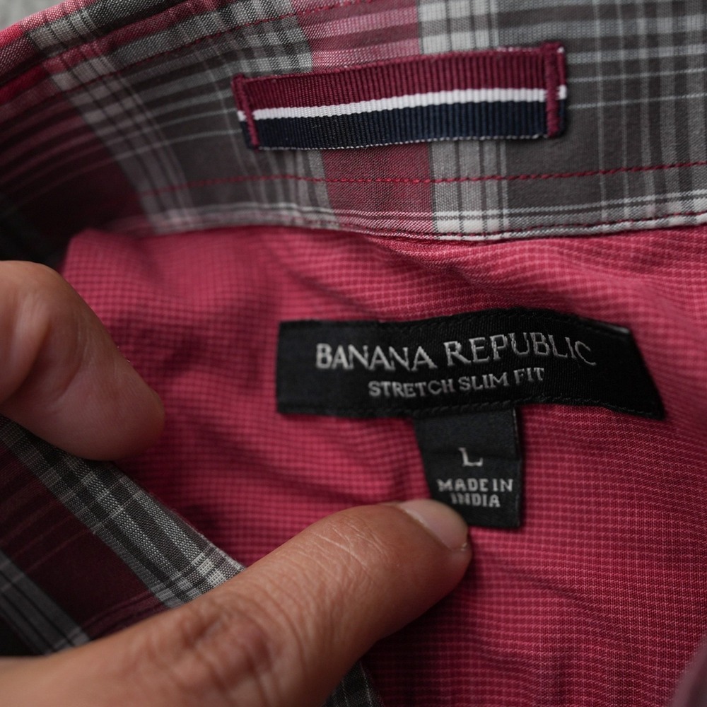 Banana Republic Shirt Men Plaid Button Up Red Gray Long Sleeve Stretch Slim L - Picture 4 of 9